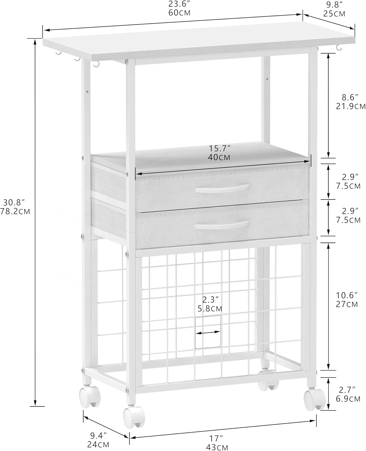 Organizer and Storage Stand Compatible with Cricut Machines,Rolling Storage Cart/Shelf with 24 Vinyl Roll Holders,2 Fabric Drawer,Accessories Holder,Tool Hook for Craft Room Home (White)