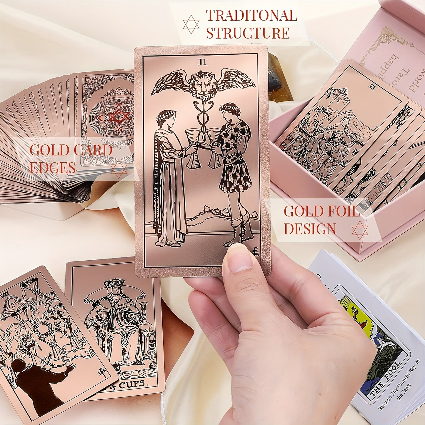 Cartes de Tarot Dorées Rose de Luxe, Jeu de 78 pièces avec Guide - Matériau PET Étanche et Résistant aux Rides, Taille Standard (4.72x2.76 pouces) - Parfait pour Débutants et Experts, Feuille Dorée, Jeu de Cartes de Tarot