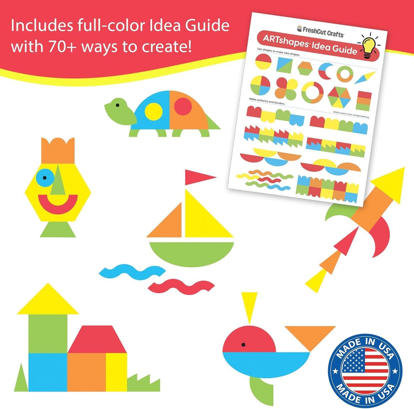 ARTshapes 840 pc Creative Paper Shapes Pack with 70+ Idea Guide - US Made Card Stock - Punch Out Funky DIY Craft Supplies for Whimsical Art Designs, Paper Crafts, and Pattern Play 5 Festive Colors