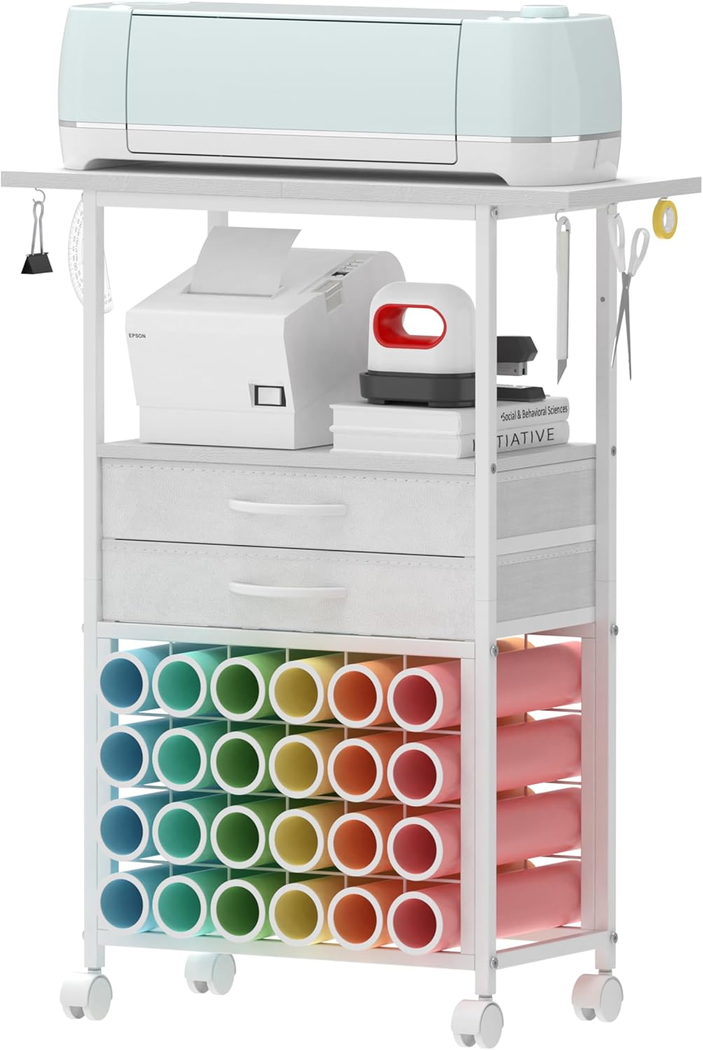 Organizer and Storage Stand Compatible with Cricut Machines,Rolling Storage Cart/Shelf with 24 Vinyl Roll Holders,2 Fabric Drawer,Accessories Holder,Tool Hook for Craft Room Home (White)