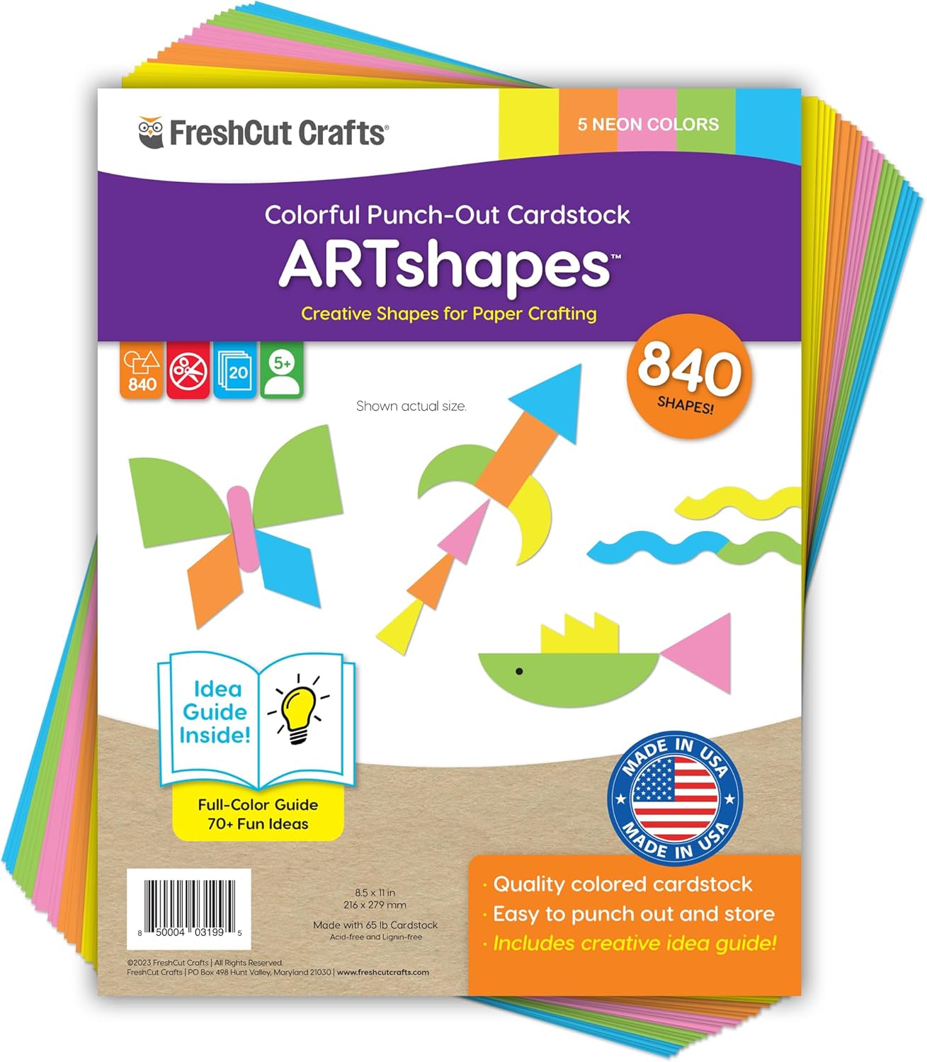 ARTshapes 840 pc Creative Paper Shapes Pack with 70+ Idea Guide - US Made Card Stock - Punch Out Funky DIY Craft Supplies for Whimsical Art Designs, Paper Crafts, and Pattern Play 5 Festive Colors