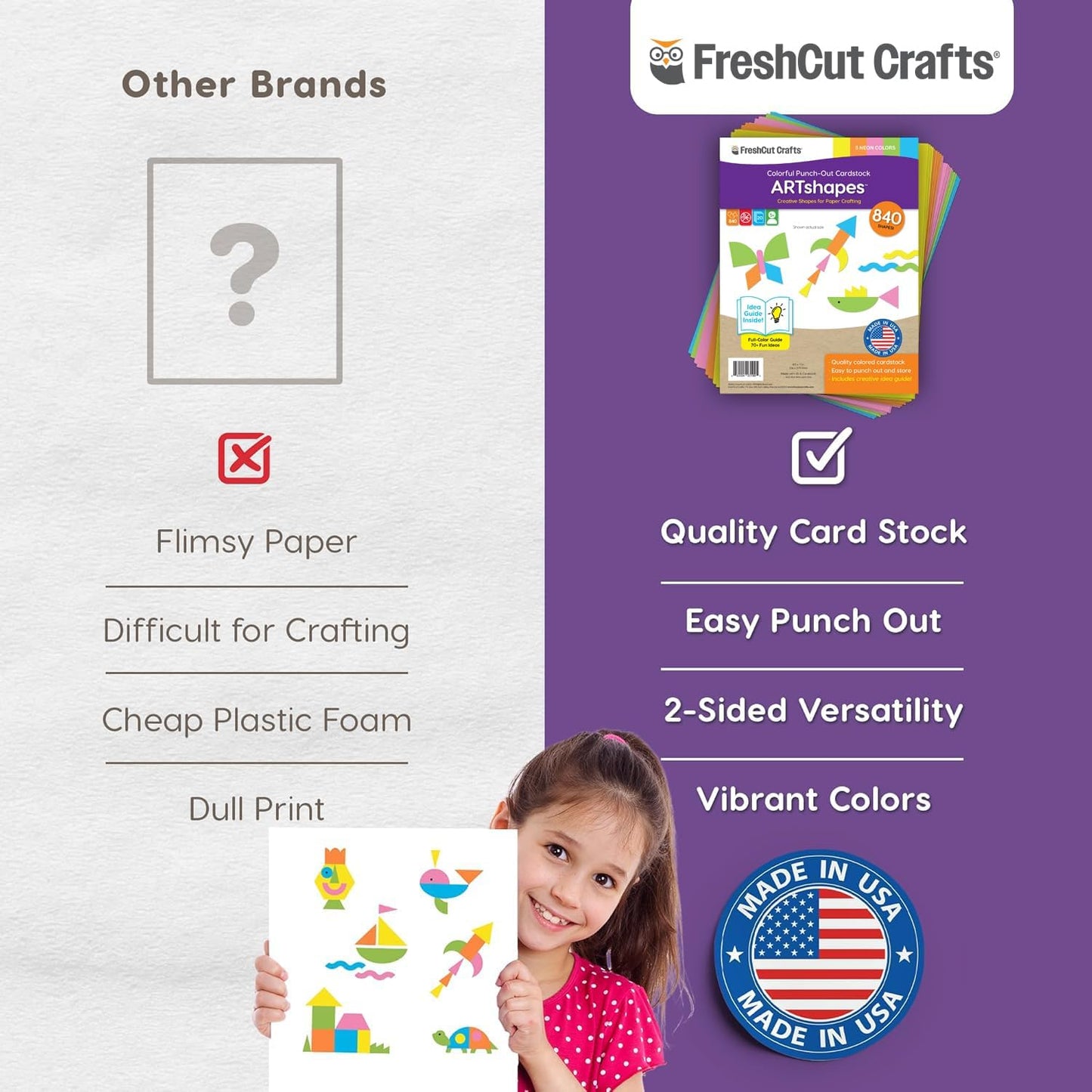 ARTshapes 840 pc Creative Paper Shapes Pack with 70+ Idea Guide - US Made Card Stock - Punch Out Funky DIY Craft Supplies for Whimsical Art Designs, Paper Crafts, and Pattern Play 5 Festive Colors