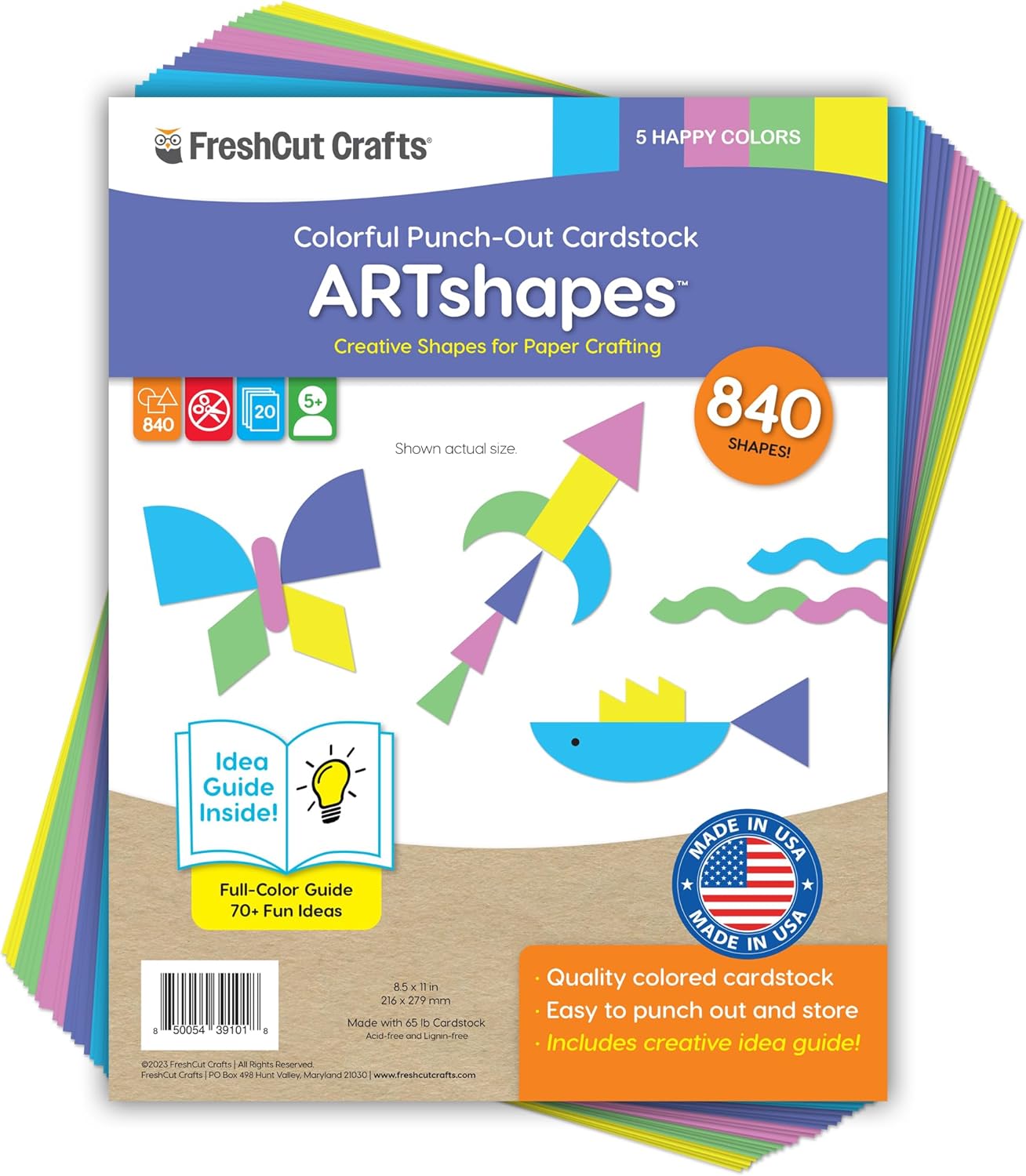 ARTshapes 840 pc Creative Paper Shapes Pack with 70+ Idea Guide - US Made Card Stock - Punch Out Funky DIY Craft Supplies for Whimsical Art Designs, Paper Crafts, and Pattern Play 5 Festive Colors