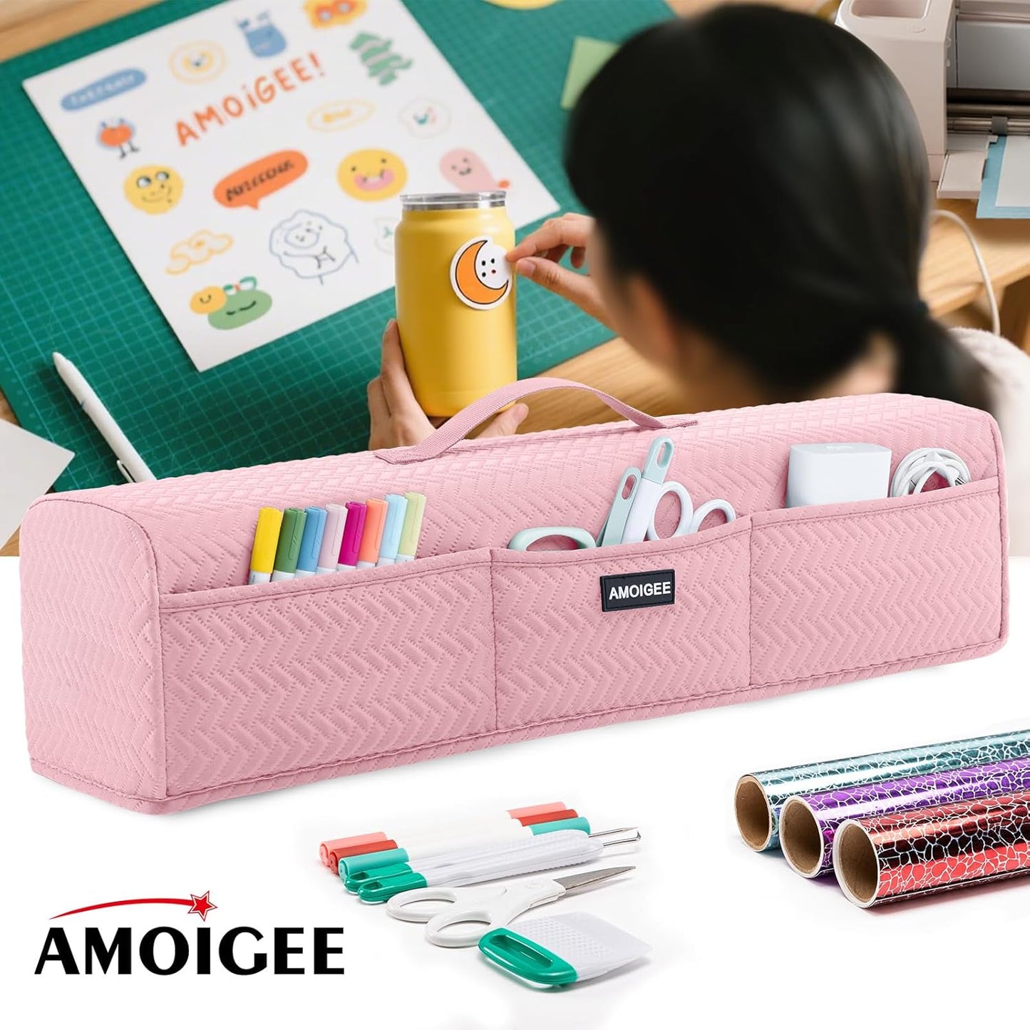 AMOIGEE Stretchy & Washable Dust Cover for Cricut Maker 4, Cricut Explore 4, Cricut Explore Air 2, Cricut Maker 3 – Die-Cut Machine Cover with Pockets for Cricut Accessories, Supplies & Tools