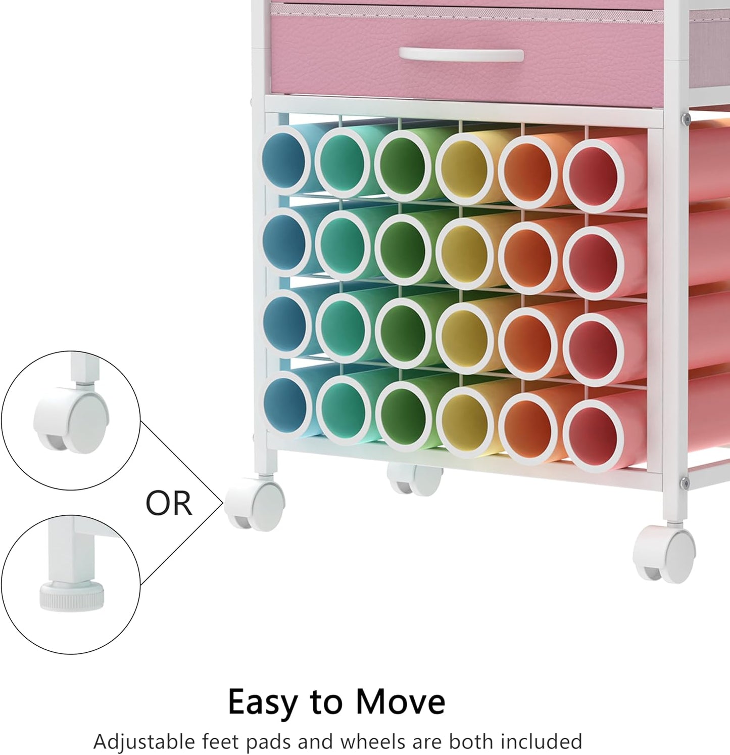 Organizer and Storage Stand Compatible with Cricut Machines,Rolling Storage Cart/Shelf with 24 Vinyl Roll Holders,2 Fabric Drawer,Accessories Holder,Tool Hook for Craft Room Home (White)