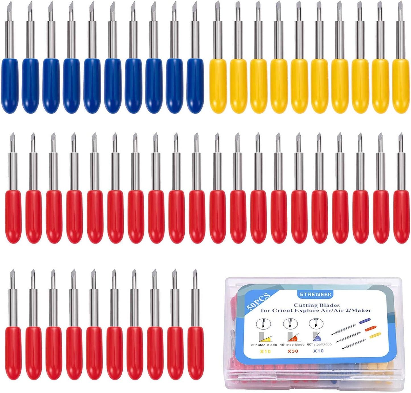STREWEEK 50PCS Cutting Blades compatible for Cricut Explore Air/Air 2/Air 3/Maker 3, Fine Point Blades Consist of 10PCS 30°Shallow Cutting Blades,30PCS 45° Standard Blades and 10PCS 60° Deep Blades