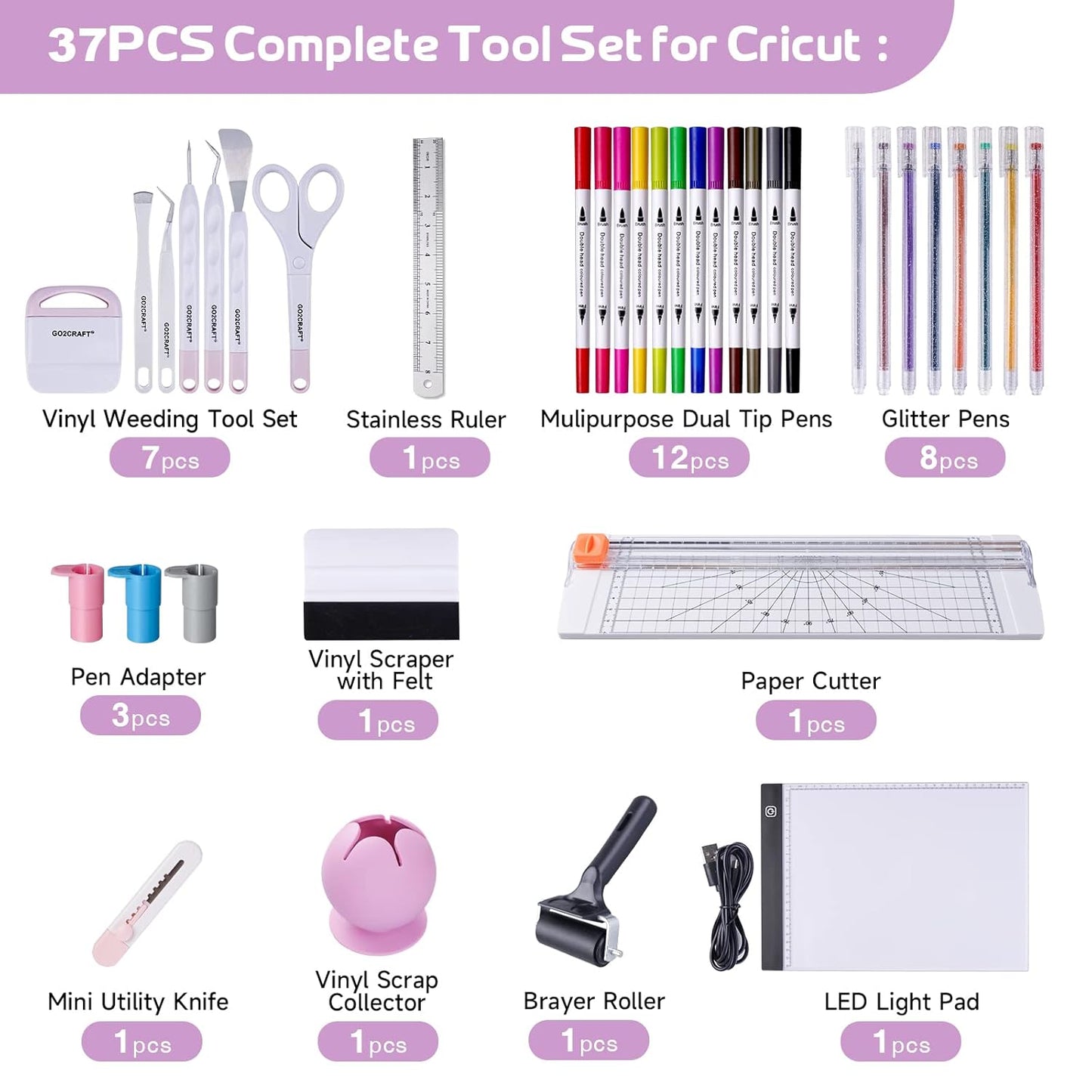 GO2CRAFT 37Pcs Essential Tool Set for Cricut Machine, Ultimate Tool with 7Pcs Weeding Tools for Vinyl, LED Light Pad, 12'' Paper Cutter, Vinyl Scrap Collector, Crafting Starter Kit for Cricut Projects