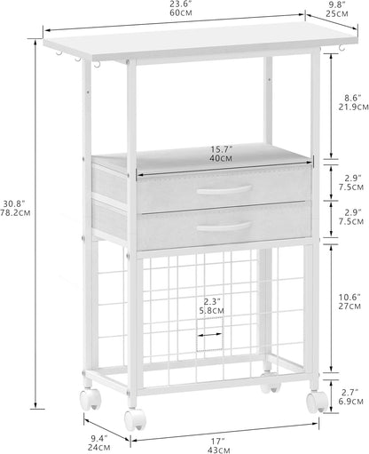Organizer and Storage Stand Compatible with Cricut Machines,Rolling Storage Cart/Shelf with 24 Vinyl Roll Holders，2 Fabric Drawer,Accessories Holder,Tool Hook for Craft Room Home (White)
