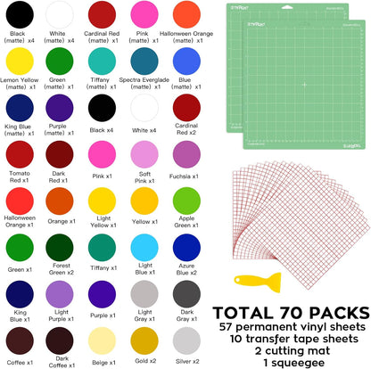 HTVRONT 70 Pack Vinyl for Cricut Machine, 57 Sheets 12" X 12" Permanent Adhesive Vinyl Sheets & 2 Cutting Mat & 10 Transfer Paper for Vinyl