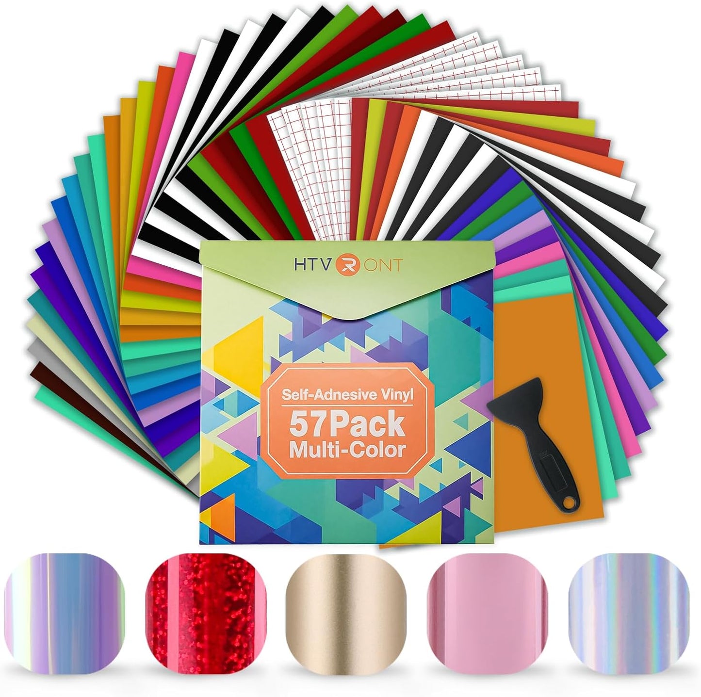 HTVRONT 70 Pack Vinyl for Cricut Machine, 57 Sheets 12" X 12" Permanent Adhesive Vinyl Sheets & 2 Cutting Mat & 10 Transfer Paper for Vinyl