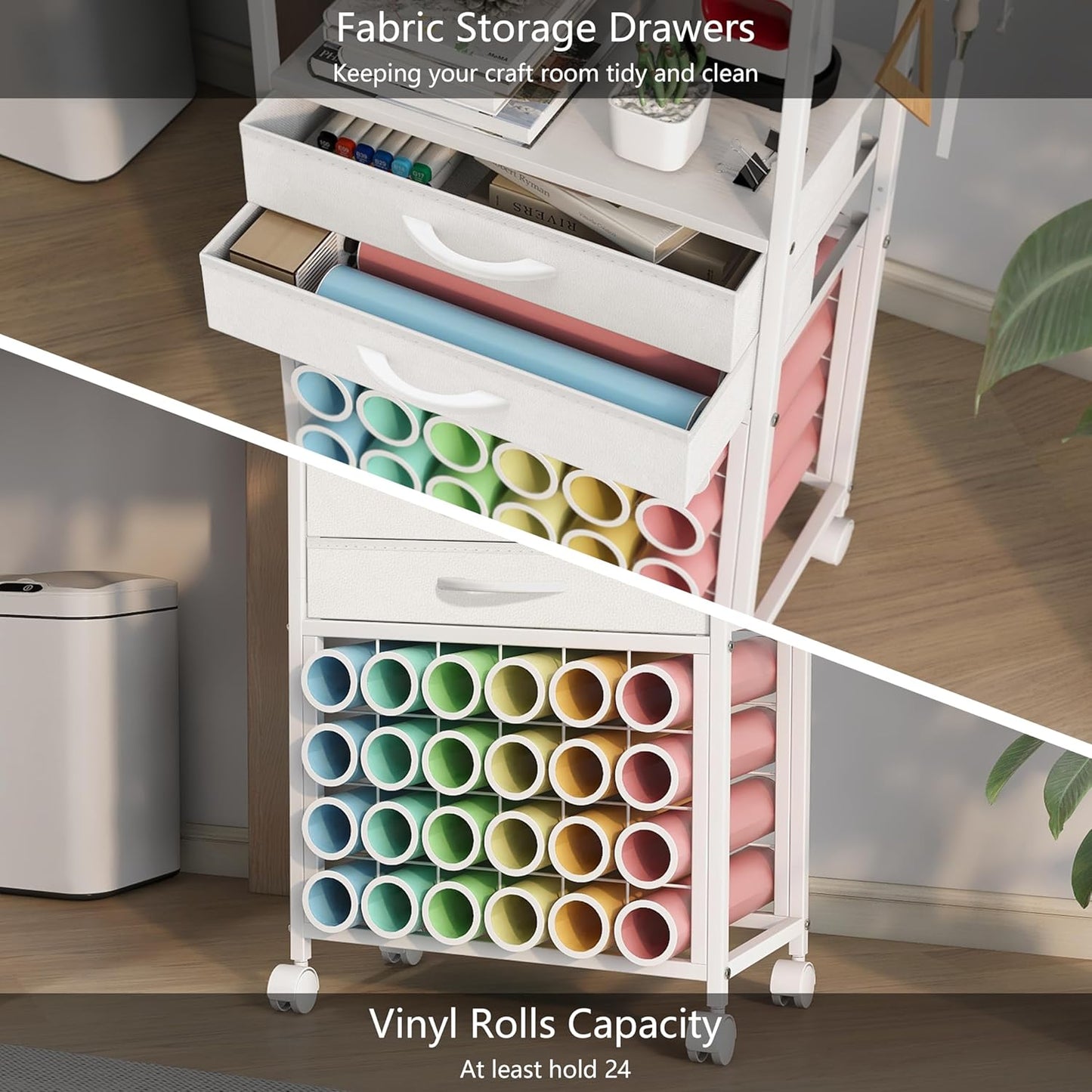 Organizer and Storage Stand Compatible with Cricut Machines,Rolling Storage Cart/Shelf with 24 Vinyl Roll Holders，2 Fabric Drawer,Accessories Holder,Tool Hook for Craft Room Home (White)