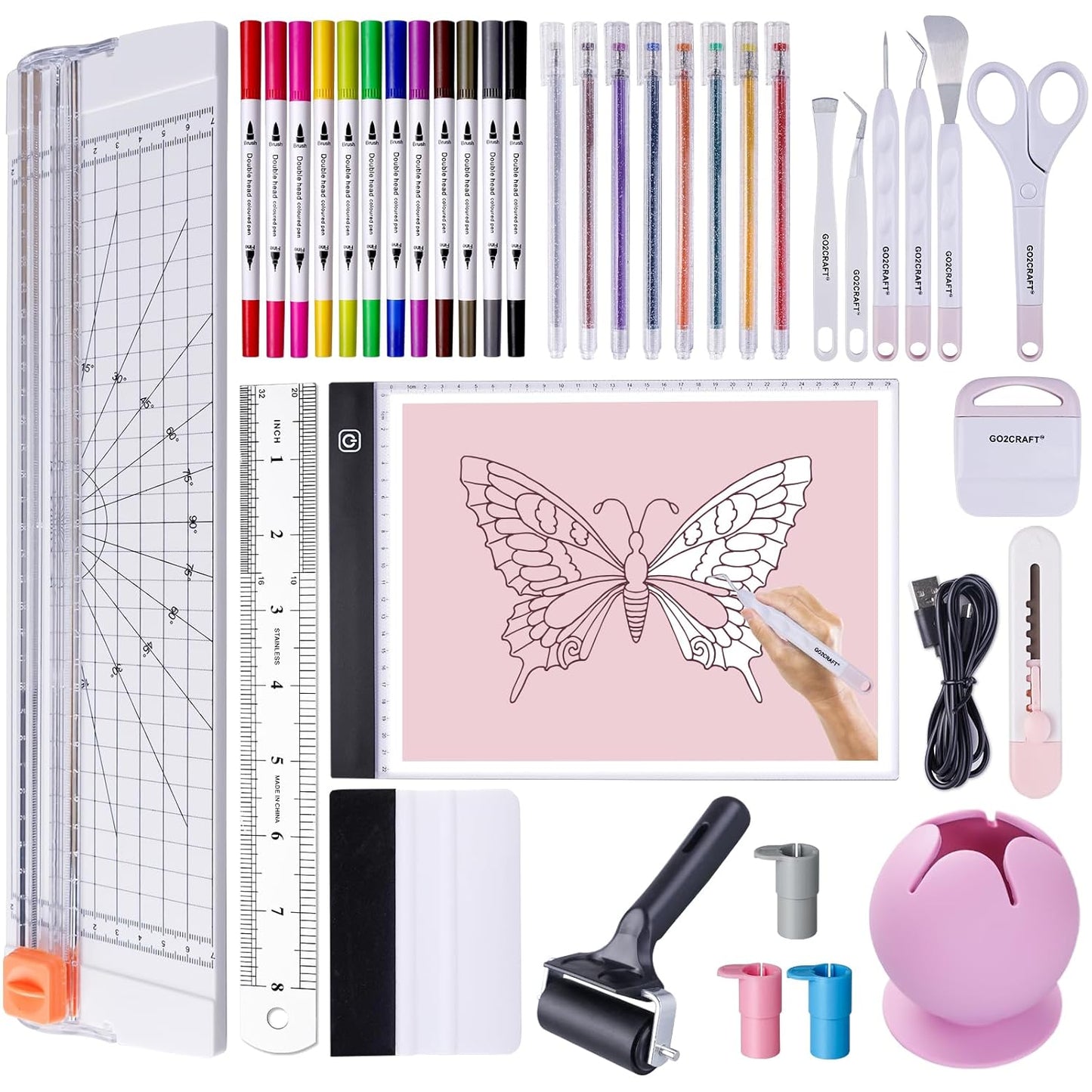 GO2CRAFT 37Pcs Essential Tool Set for Cricut Machine, Ultimate Tool with 7Pcs Weeding Tools for Vinyl, LED Light Pad, 12'' Paper Cutter, Vinyl Scrap Collector, Crafting Starter Kit for Cricut Projects