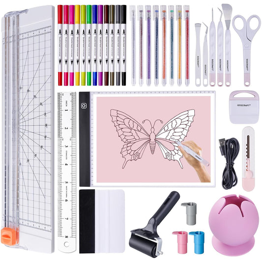 GO2CRAFT 37Pcs Essential Tool Set for Cricut Machine, Ultimate Tool with 7Pcs Weeding Tools for Vinyl, LED Light Pad, 12'' Paper Cutter, Vinyl Scrap Collector, Crafting Starter Kit for Cricut Projects