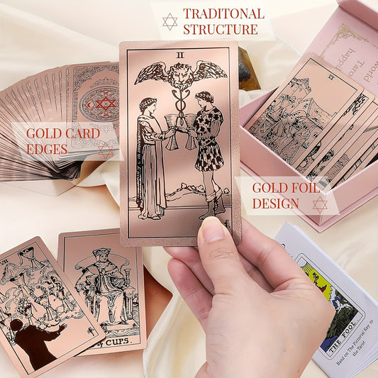 Cartes de Tarot Dorées Rose de Luxe, Jeu de 78 pièces avec Guide - Matériau PET Étanche et Résistant aux Rides, Taille Standard (4.72x2.76 pouces) - Parfait pour Débutants et Experts, Feuille Dorée, Jeu de Cartes de Tarot