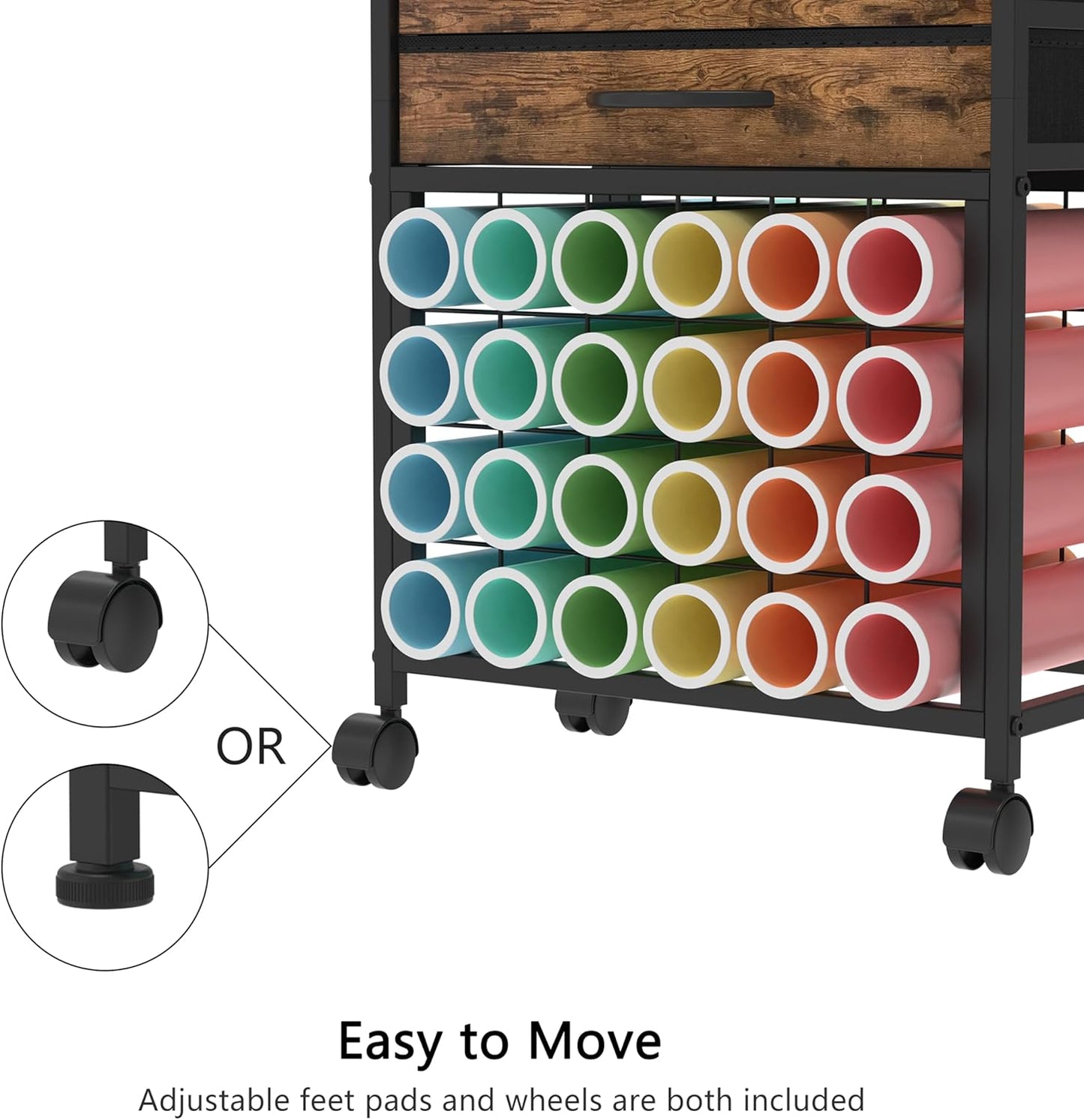 Organizer and Storage Stand Compatible with Cricut Machines,Rolling Storage Cart/Shelf with 24 Vinyl Roll Holders，2 Fabric Drawer,Accessories Holder,Tool Hook for Craft Room Home (White)