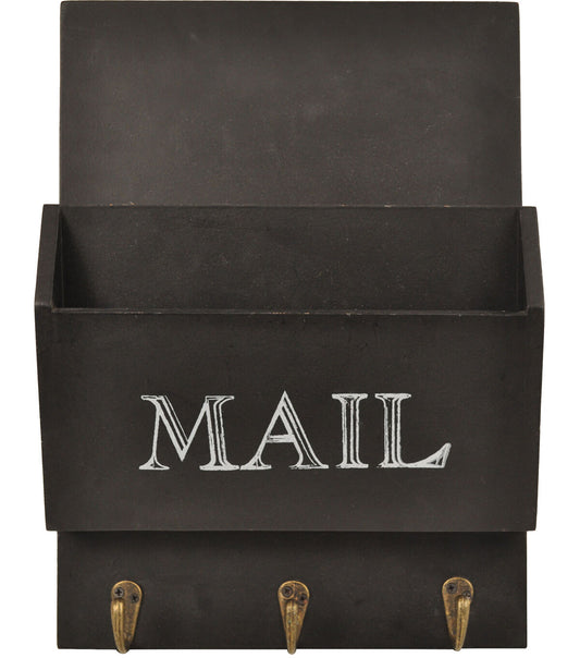10" x 3.3" x 14" Wooden "Mail" Bin with Hooks Black