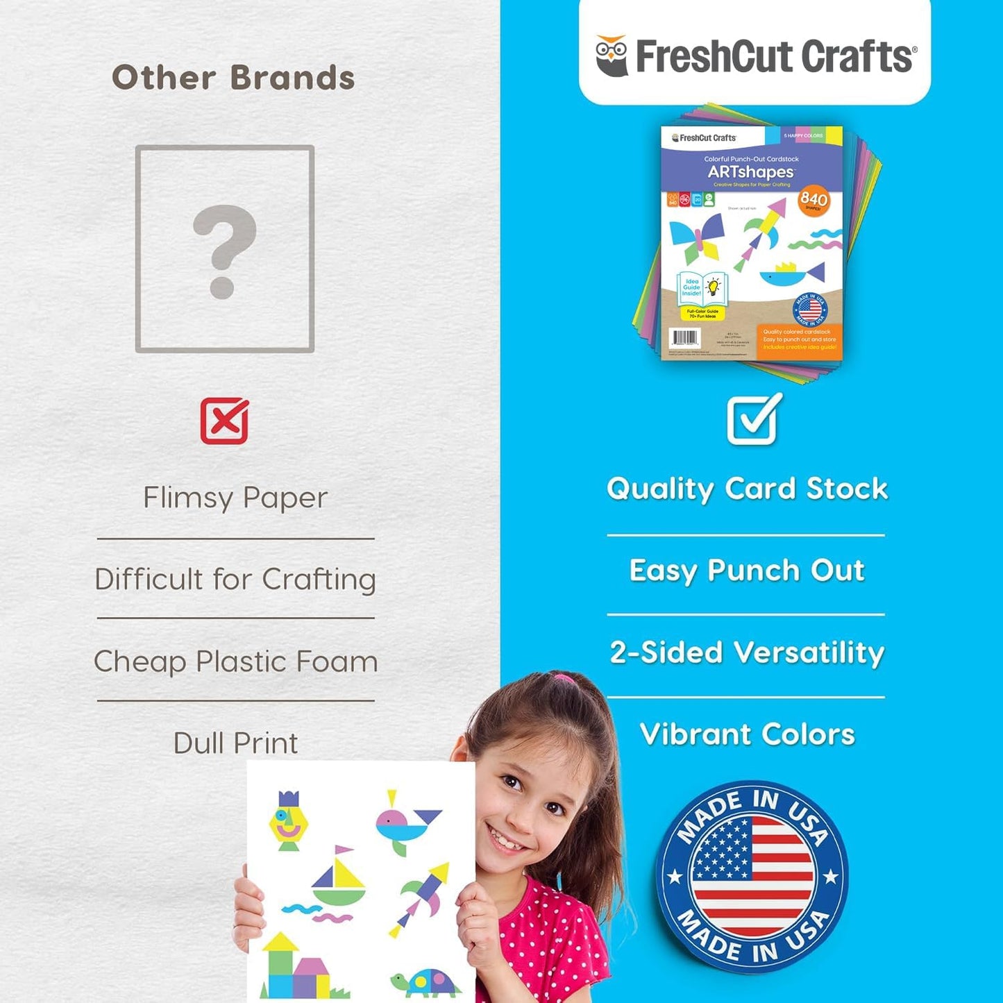 ARTshapes 840 pc Creative Paper Shapes Pack with 70+ Idea Guide - US Made Card Stock - Punch Out Funky DIY Craft Supplies for Whimsical Art Designs, Paper Crafts, and Pattern Play 5 Festive Colors