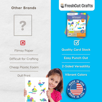 ARTshapes 840 pc Creative Paper Shapes Pack with 70+ Idea Guide - US Made Card Stock - Punch Out Funky DIY Craft Supplies for Whimsical Art Designs, Paper Crafts, and Pattern Play 5 Festive Colors