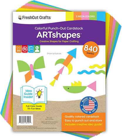 ARTshapes 840 pc Creative Paper Shapes Pack with 70+ Idea Guide - US Made Card Stock - Punch Out Funky DIY Craft Supplies for Whimsical Art Designs, Paper Crafts, and Pattern Play 5 Festive Colors