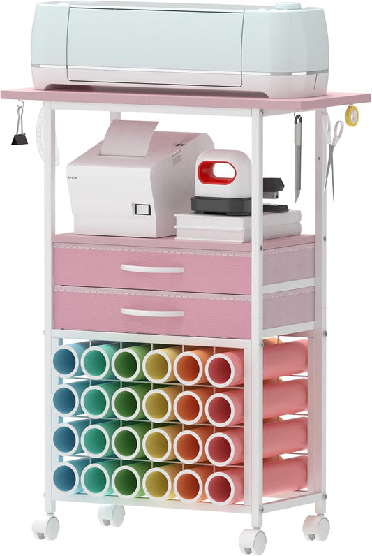 Organizer and Storage Stand Compatible with Cricut Machines,Rolling Storage Cart/Shelf with 24 Vinyl Roll Holders，2 Fabric Drawer,Accessories Holder,Tool Hook for Craft Room Home (White)