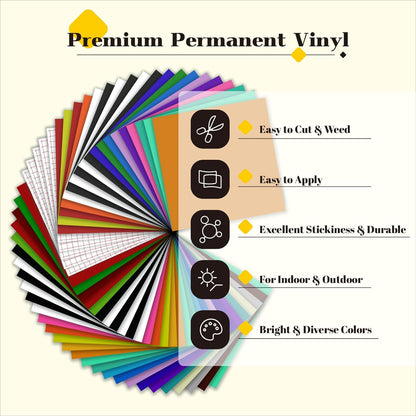 HTVRONT 70 Pack Vinyl for Cricut Machine, 57 Sheets 12" X 12" Permanent Adhesive Vinyl Sheets & 2 Cutting Mat & 10 Transfer Paper for Vinyl