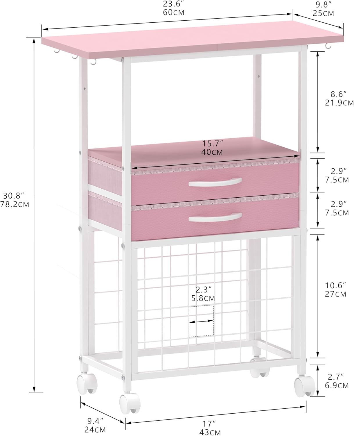 Organizer and Storage Stand Compatible with Cricut Machines,Rolling Storage Cart/Shelf with 24 Vinyl Roll Holders，2 Fabric Drawer,Accessories Holder,Tool Hook for Craft Room Home (White)