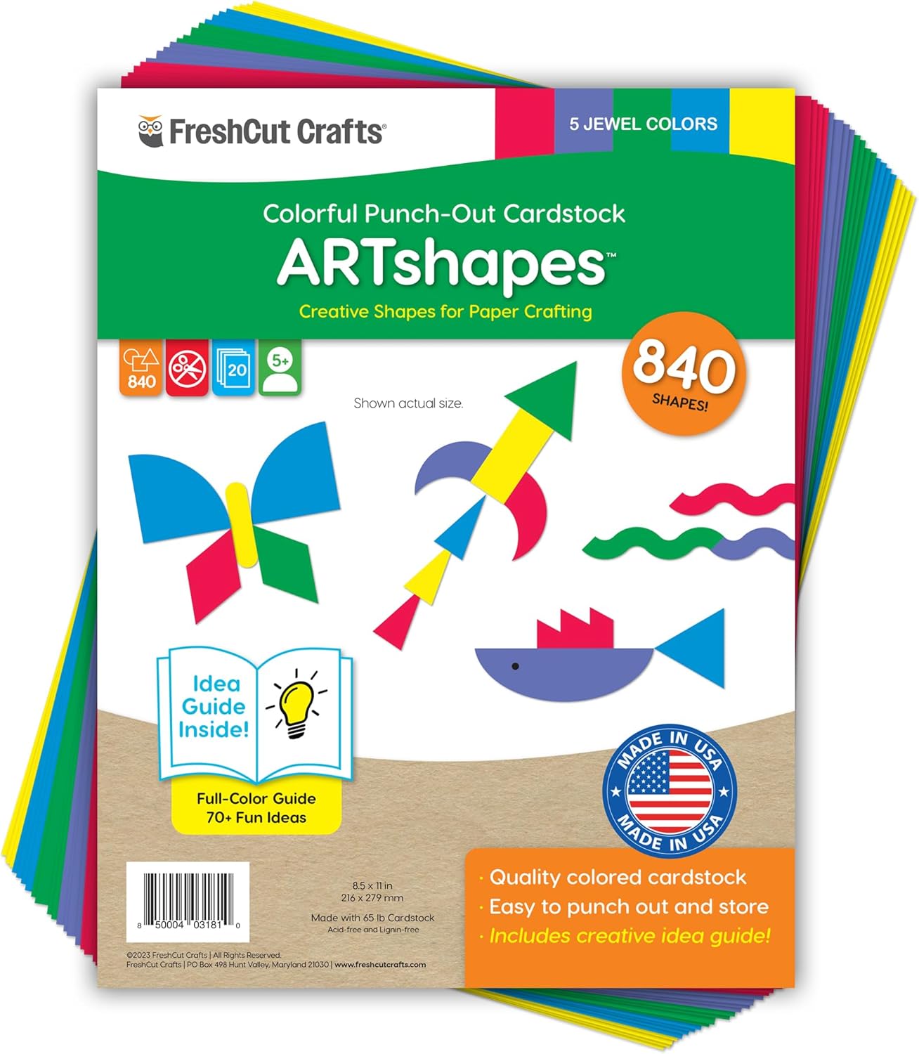 ARTshapes 840 pc Creative Paper Shapes Pack with 70+ Idea Guide - US Made Card Stock - Punch Out Funky DIY Craft Supplies for Whimsical Art Designs, Paper Crafts, and Pattern Play 5 Festive Colors