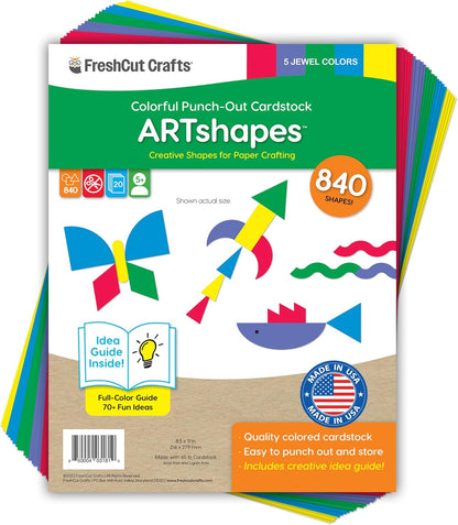 ARTshapes 840 pc Creative Paper Shapes Pack with 70+ Idea Guide - US Made Card Stock - Punch Out Funky DIY Craft Supplies for Whimsical Art Designs, Paper Crafts, and Pattern Play 5 Festive Colors