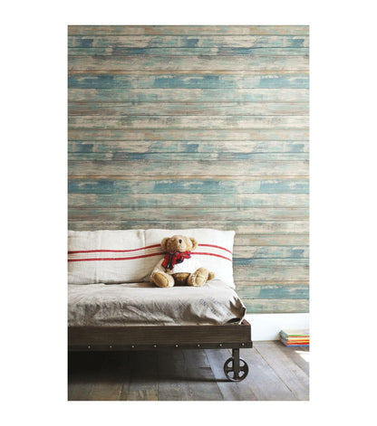 RoomMates Distressed Wood Blue Peelable Wallpaper