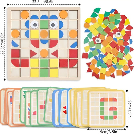 Un ensemble de puzzle mosaïque en bois 3D avec 20 cartes pour l'entraînement et l'association de blocs. Capacité de reconnaissance des couleurs adaptée aux garçons et aux filles. Cadeaux pour Noël, Nouvel An et la rentrée scolaire