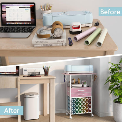 Organizer and Storage Stand Compatible with Cricut Machines,Rolling Storage Cart/Shelf with 24 Vinyl Roll Holders，2 Fabric Drawer,Accessories Holder,Tool Hook for Craft Room Home (White)