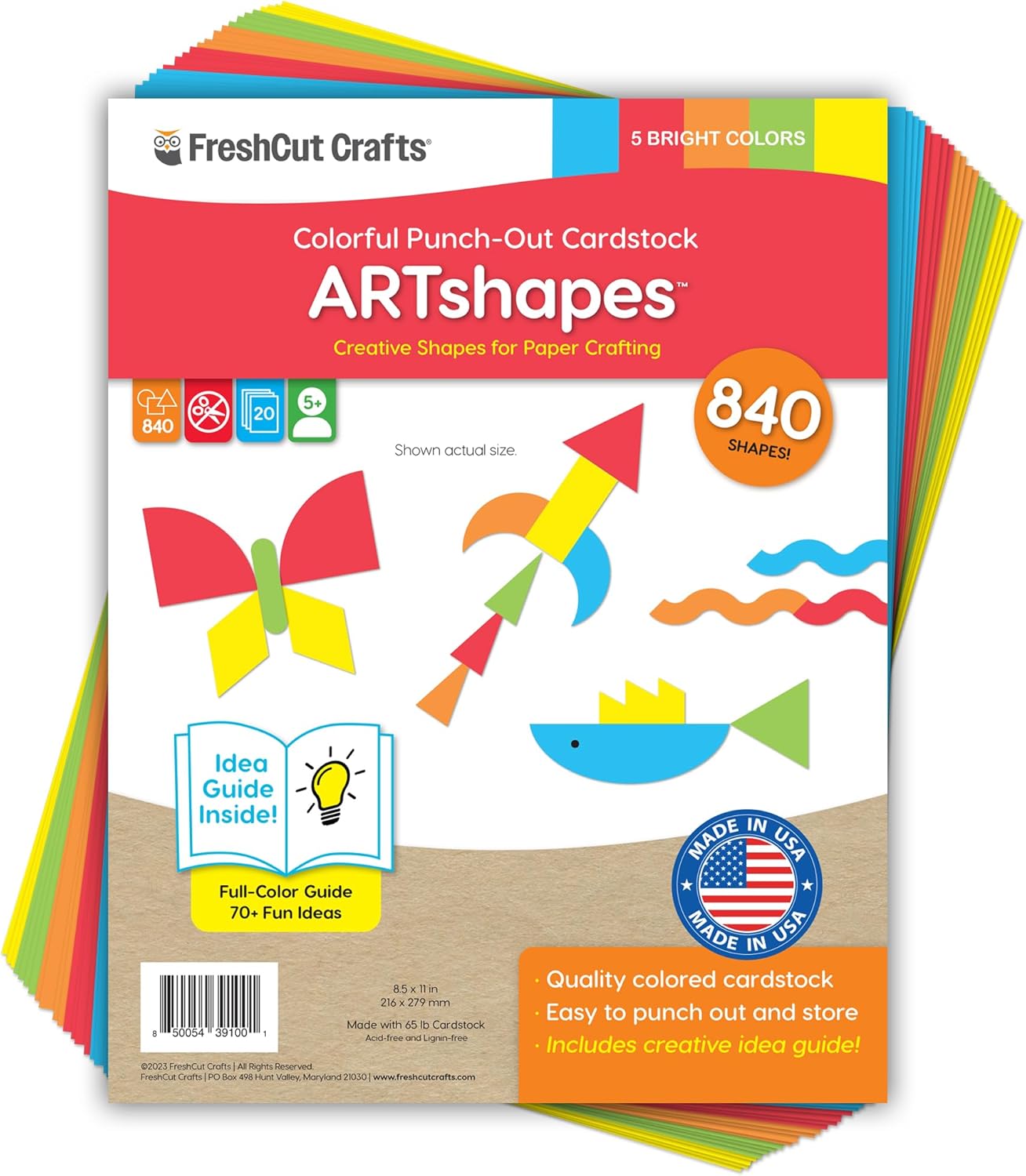 ARTshapes 840 pc Creative Paper Shapes Pack with 70+ Idea Guide - US Made Card Stock - Punch Out Funky DIY Craft Supplies for Whimsical Art Designs, Paper Crafts, and Pattern Play 5 Festive Colors