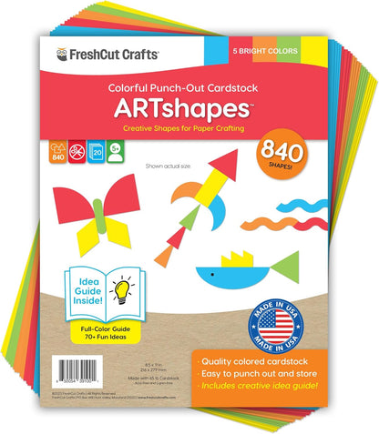 ARTshapes 840 pc Creative Paper Shapes Pack with 70+ Idea Guide - US Made Card Stock - Punch Out Funky DIY Craft Supplies for Whimsical Art Designs, Paper Crafts, and Pattern Play 5 Festive Colors