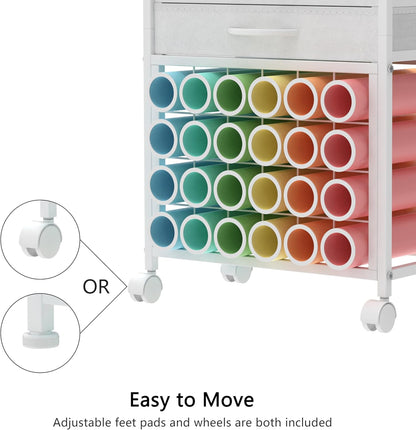 Organizer and Storage Stand Compatible with Cricut Machines,Rolling Storage Cart/Shelf with 24 Vinyl Roll Holders，2 Fabric Drawer,Accessories Holder,Tool Hook for Craft Room Home (White)