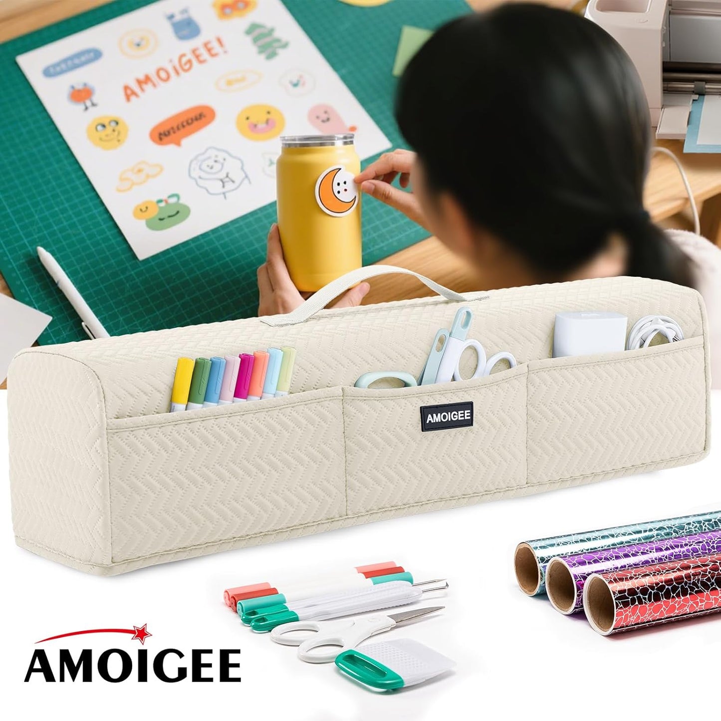 AMOIGEE Stretchy & Washable Dust Cover for Cricut Maker 4, Cricut Explore 4, Cricut Explore Air 2, Cricut Maker 3 – Die-Cut Machine Cover with Pockets for Cricut Accessories, Supplies & Tools