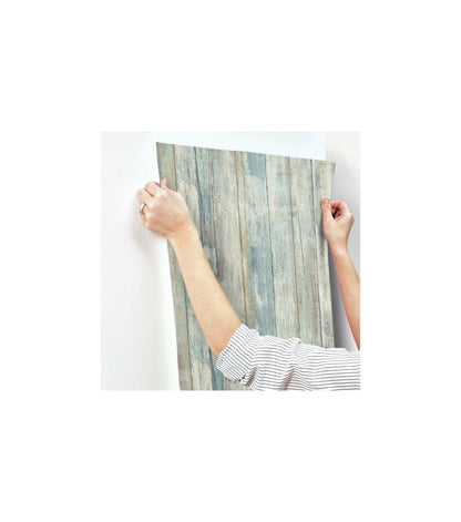 RoomMates Distressed Wood Blue Peelable Wallpaper