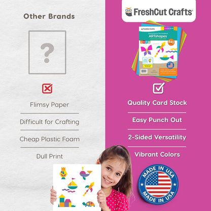 ARTshapes 840 pc Creative Paper Shapes Pack with 70+ Idea Guide - US Made Card Stock - Punch Out Funky DIY Craft Supplies for Whimsical Art Designs, Paper Crafts, and Pattern Play 5 Festive Colors