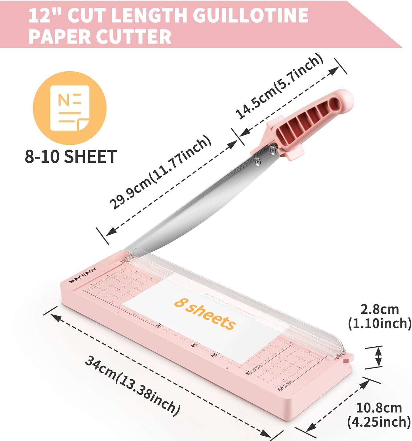 MAKEASY Paper Cutter 12 Inch, 8 Sheet Capacity, Heavy Duty Paper Cutter for Cardstock, Guillotine Paper Trimmer for Crafting, Classroom and Office