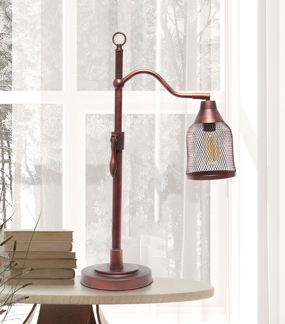 All The Rages Vintage Arched Table Lamp with Iron Mesh Shade, Red Bronze