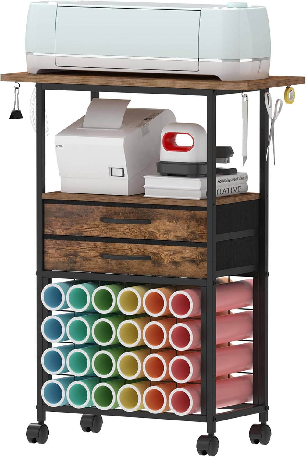 Organizer and Storage Stand Compatible with Cricut Machines,Rolling Storage Cart/Shelf with 24 Vinyl Roll Holders，2 Fabric Drawer,Accessories Holder,Tool Hook for Craft Room Home (White)
