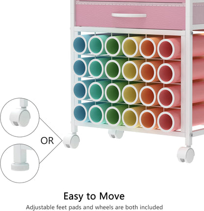Organizer and Storage Stand Compatible with Cricut Machines,Rolling Storage Cart/Shelf with 24 Vinyl Roll Holders，2 Fabric Drawer,Accessories Holder,Tool Hook for Craft Room Home (White)