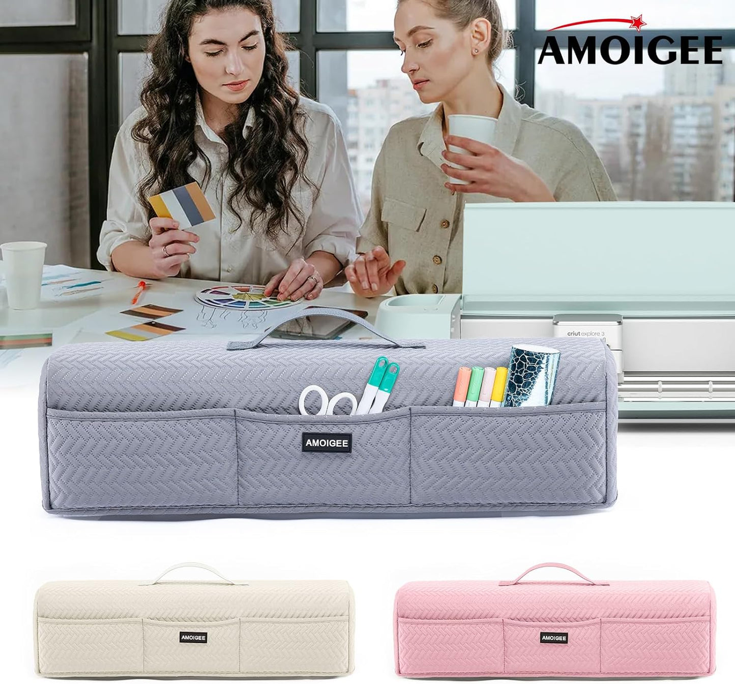 AMOIGEE Stretchy & Washable Dust Cover for Cricut Maker 4, Cricut Explore 4, Cricut Explore Air 2, Cricut Maker 3 – Die-Cut Machine Cover with Pockets for Cricut Accessories, Supplies & Tools