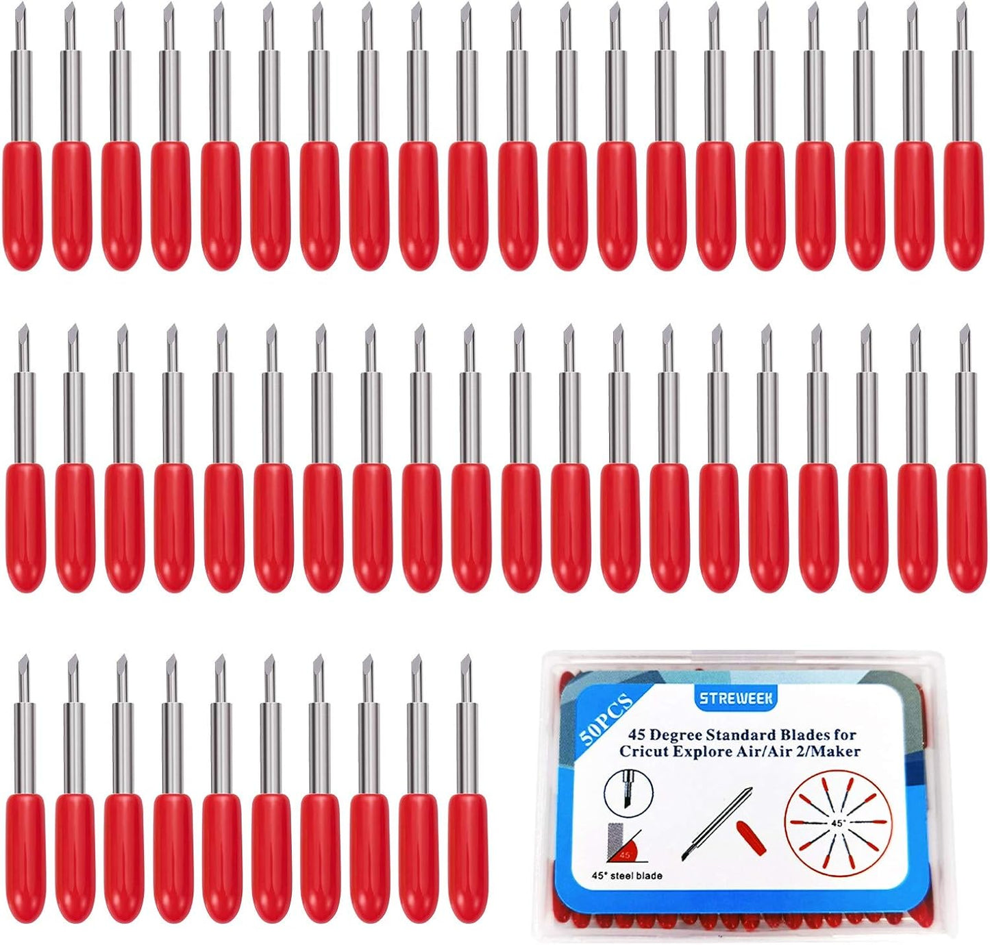 STREWEEK 50PCS Cutting Blades compatible for Cricut Explore Air/Air 2/Air 3/Maker 3, Fine Point Blades Consist of 10PCS 30°Shallow Cutting Blades,30PCS 45° Standard Blades and 10PCS 60° Deep Blades