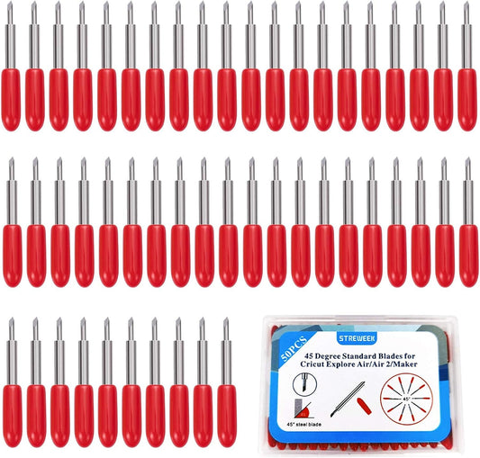 STREWEEK 50PCS Cutting Blades compatible for Cricut Explore Air/Air 2/Air 3/Maker 3, Fine Point Blades Consist of 10PCS 30°Shallow Cutting Blades,30PCS 45° Standard Blades and 10PCS 60° Deep Blades