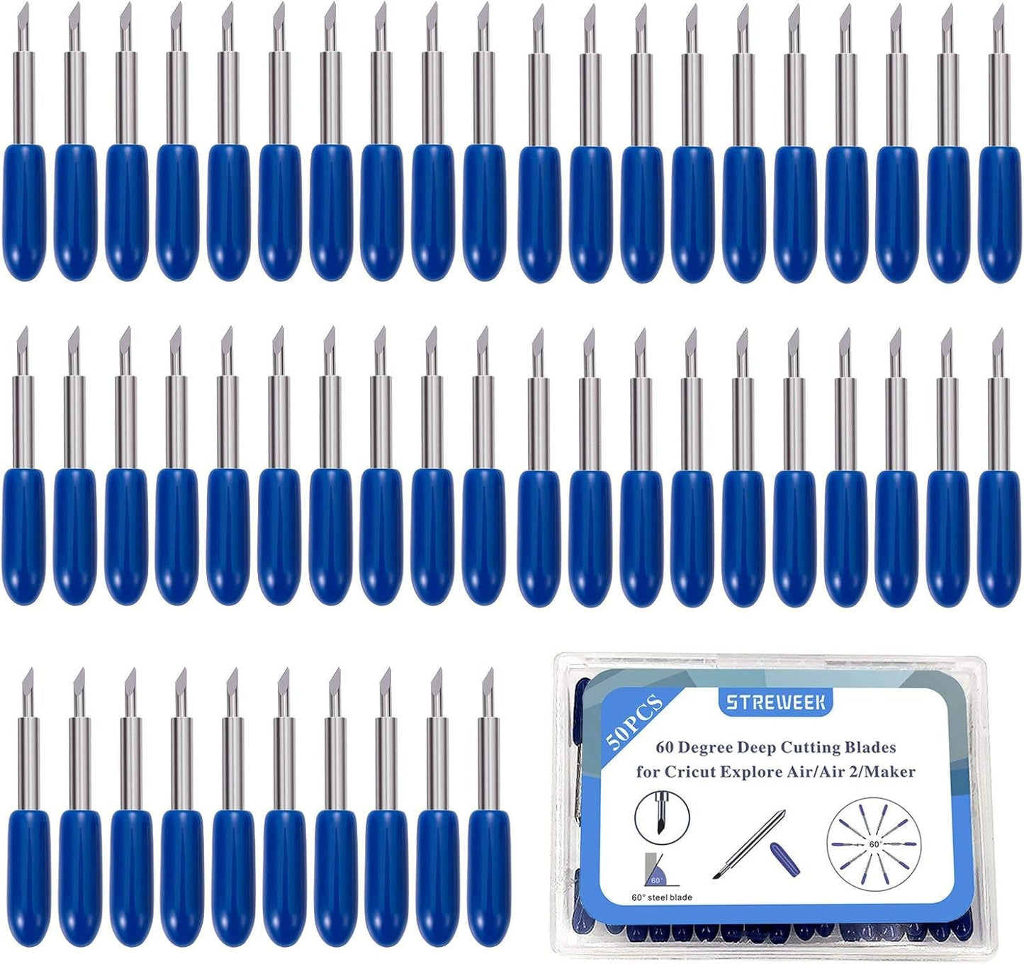 STREWEEK 50PCS Cutting Blades compatible for Cricut Explore Air/Air 2/Air 3/Maker 3, Fine Point Blades Consist of 10PCS 30°Shallow Cutting Blades,30PCS 45° Standard Blades and 10PCS 60° Deep Blades