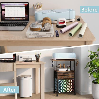 Organizer and Storage Stand Compatible with Cricut Machines,Rolling Storage Cart/Shelf with 24 Vinyl Roll Holders，2 Fabric Drawer,Accessories Holder,Tool Hook for Craft Room Home (White)