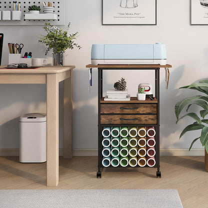 Organizer and Storage Stand Compatible with Cricut Machines,Rolling Storage Cart/Shelf with 24 Vinyl Roll Holders，2 Fabric Drawer,Accessories Holder,Tool Hook for Craft Room Home (White)