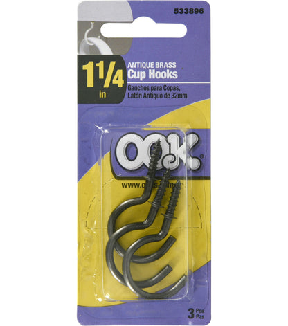 Ook 1" Antique Brass Cup Hooks 3pk