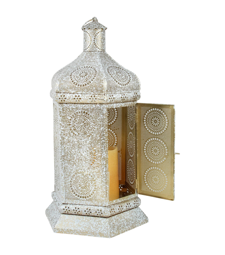 Northlight 21.5" White Gold Moroccan Pillar Candle Lantern