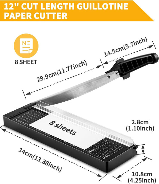 MAKEASY Paper Cutter 12 Inch, 8 Sheet Capacity, Heavy Duty Paper Cutter for Cardstock, Guillotine Paper Trimmer for Crafting, Classroom and Office